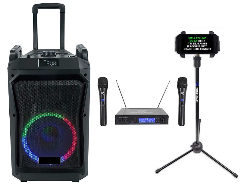 DIY karaoke rental system for smaller events: portable speaker, wireless microphones, and a tablet lyric stand